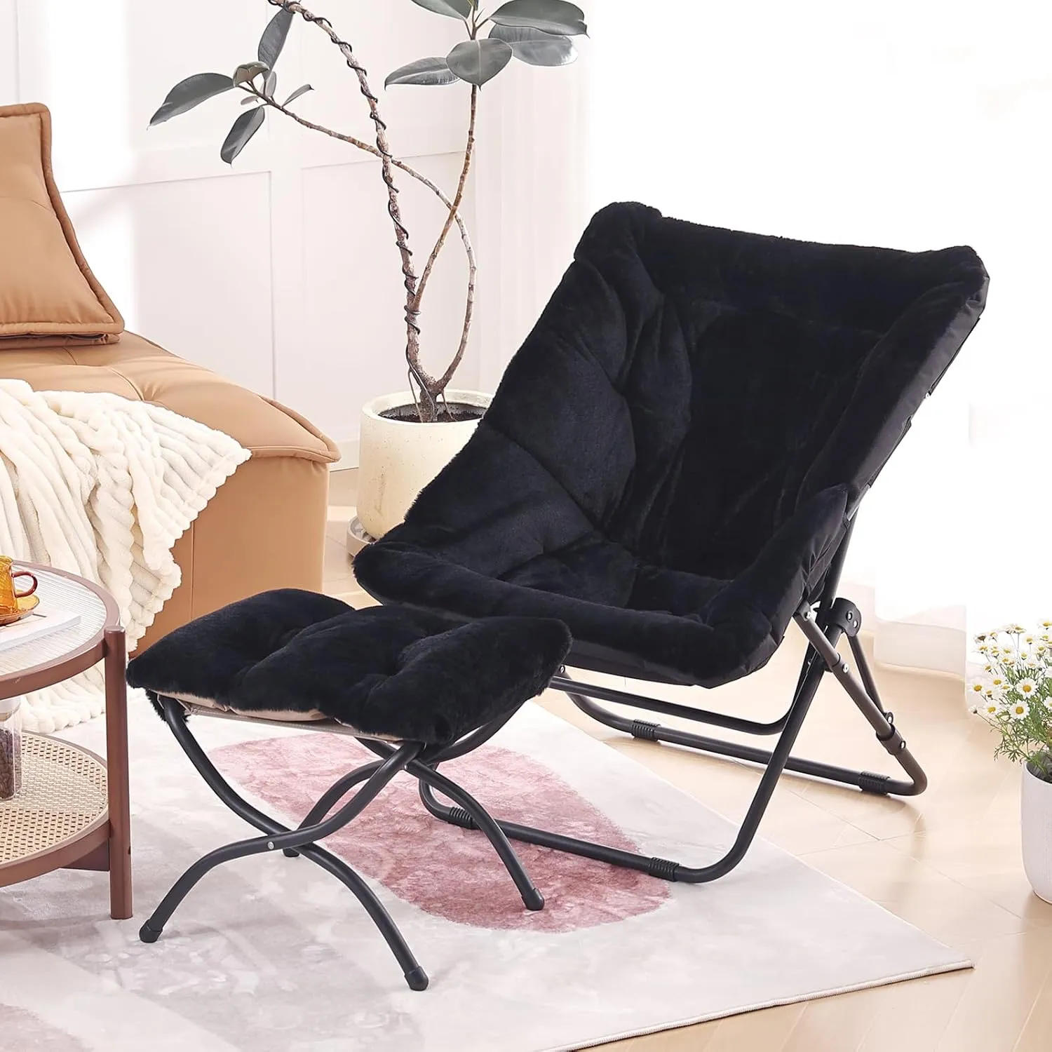 Comfy Folded Chair with Ottoman, Oversized Folding Faux Fur Chair Soft Furry Lounge Lazy Chair with Metal Frame Moon Chair Accent Chair for Bedroom, Living Room, Dorm Rooms