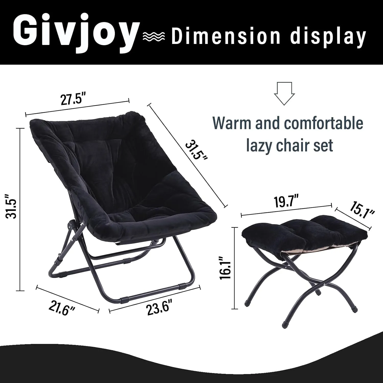 Comfy Folded Chair with Ottoman, Oversized Folding Faux Fur Chair Soft Furry Lounge Lazy Chair with Metal Frame Moon Chair Accent Chair for Bedroom, Living Room, Dorm Rooms