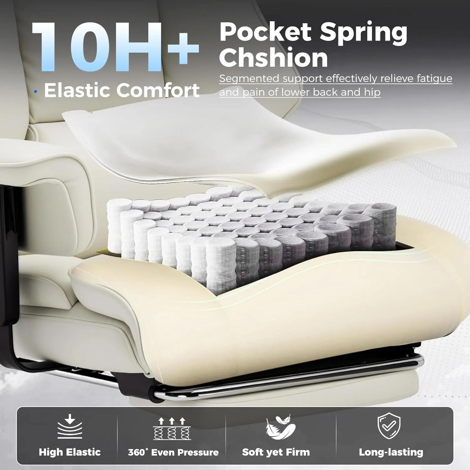 COMHOMA Big and Tall Office Chair 400lbs High Back Leather Executive Chair with Ergonomic Lumbar Support & Pocket Spring Cushion for Lower Back Pain Relief, Computer Gaming Chair with Foot Rest, Beige