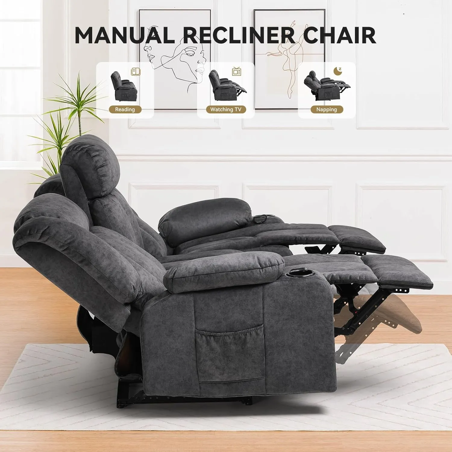 COMHOMA Manual Recliner Chair Set，Fabric Reclining Sofa Chair with Cup Holders, Upholstered Recliner with Side Pockets Suitable for Living Room Furniture (3