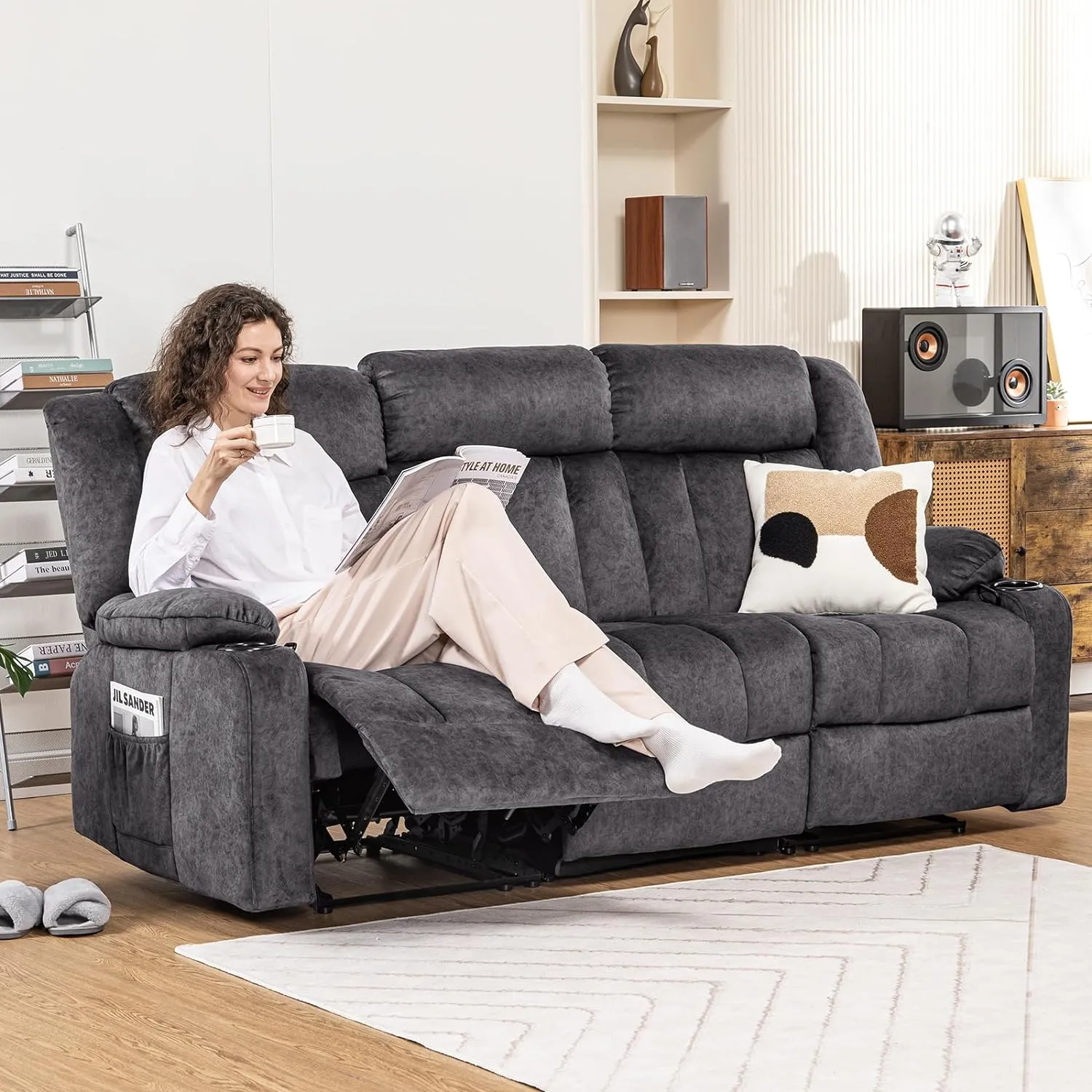 COMHOMA Manual Recliner Chair Set，Fabric Reclining Sofa Chair with Cup Holders, Upholstered Recliner with Side Pockets Suitable for Living Room Furniture (3