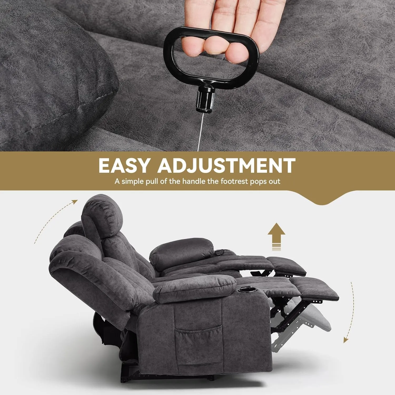 COMHOMA Manual Recliner Chair Set，Fabric Reclining Sofa Chair with Cup Holders, Upholstered Recliner with Side Pockets Suitable for Living Room Furniture (3