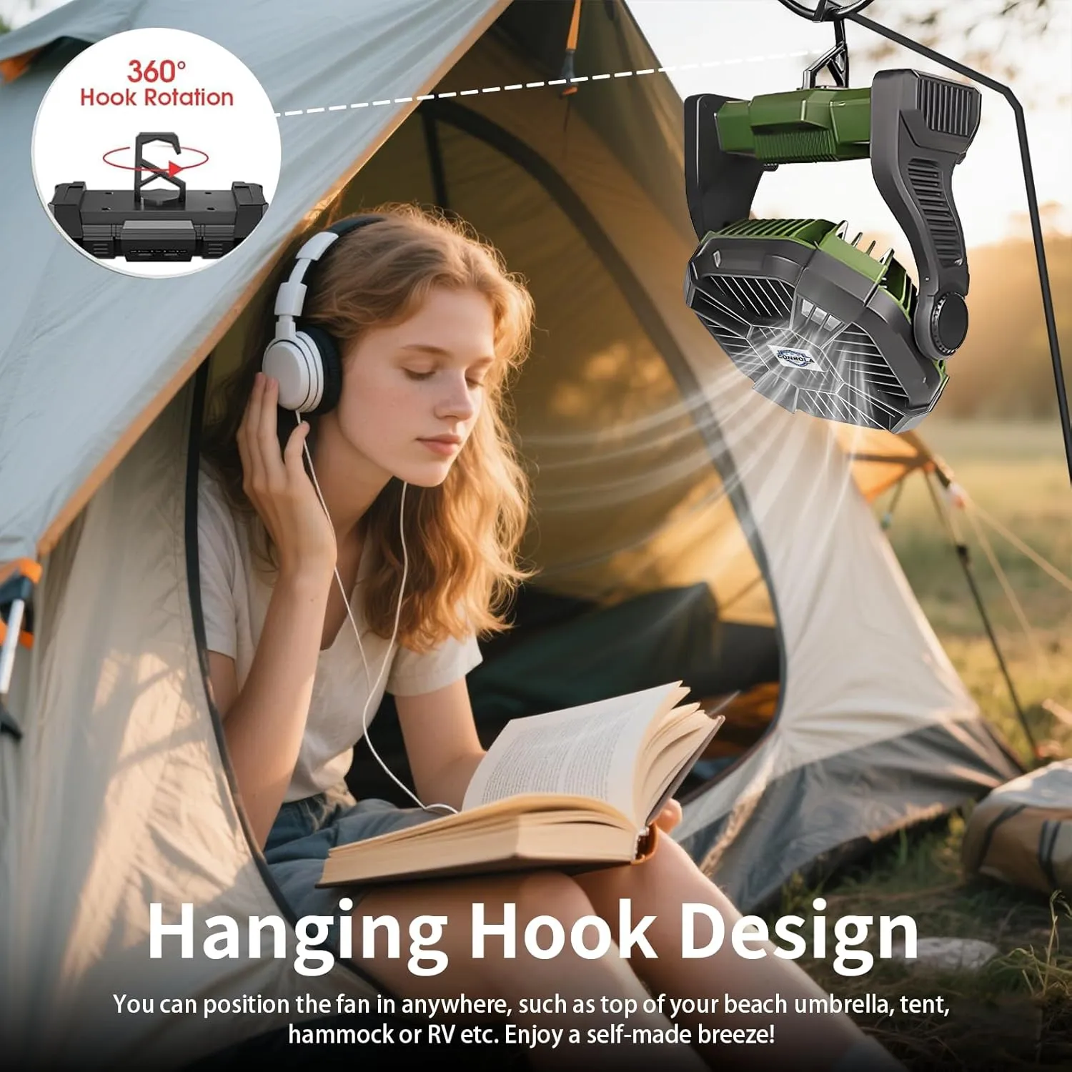 CONBOLA 25400mAh,Camping Fan, Portable Fans Rechargeable 9-Inch Battery Powered (180Hrs) LED Lantern, USB C Battery Beach Fan.