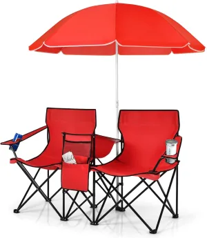 COSTWAY Double Portable Picnic Chairs, Folding Camping Chairs w/Detachable Umbrella, Cooler Bag, Cup Holders, Patio Beach Camping Chairs for Outdoors