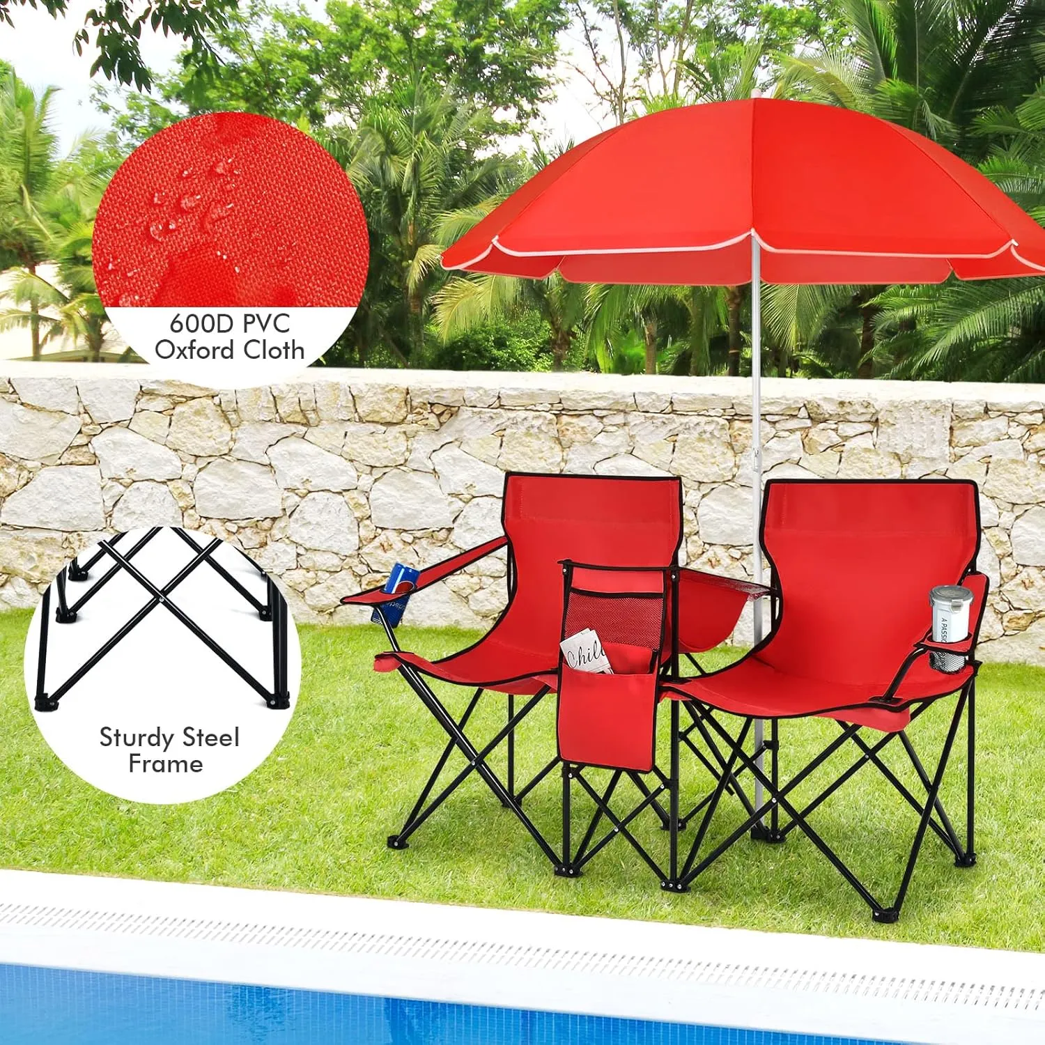 COSTWAY Double Portable Picnic Chairs, Folding Camping Chairs w/Detachable Umbrella, Cooler Bag, Cup Holders, Patio Beach Camping Chairs for Outdoors