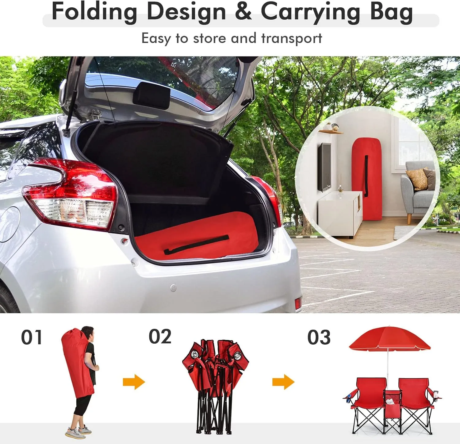 COSTWAY Double Portable Picnic Chairs, Folding Camping Chairs w/Detachable Umbrella, Cooler Bag, Cup Holders, Patio Beach Camping Chairs for Outdoors