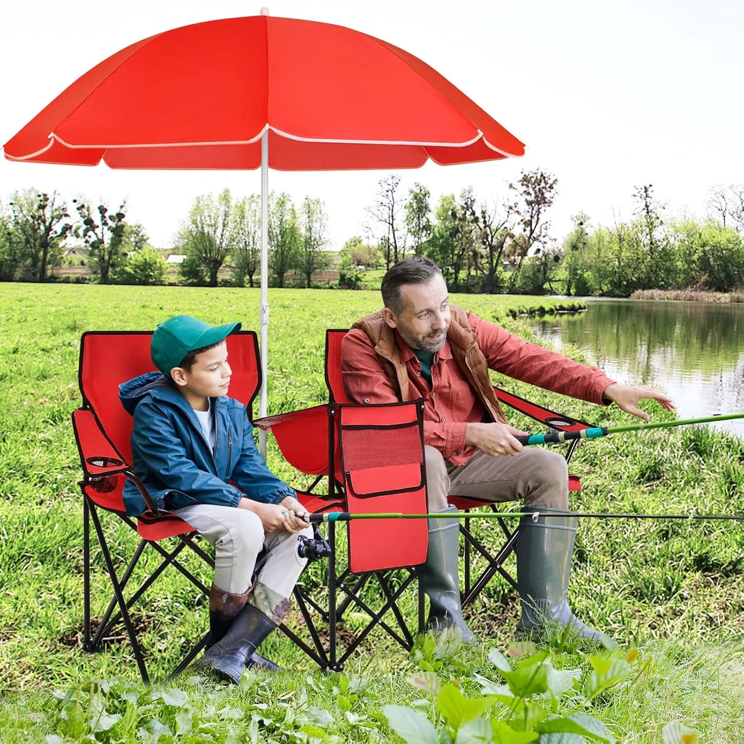 COSTWAY Double Portable Picnic Chairs, Folding Camping Chairs w/Detachable Umbrella, Cooler Bag, Cup Holders, Patio Beach Camping Chairs for Outdoors