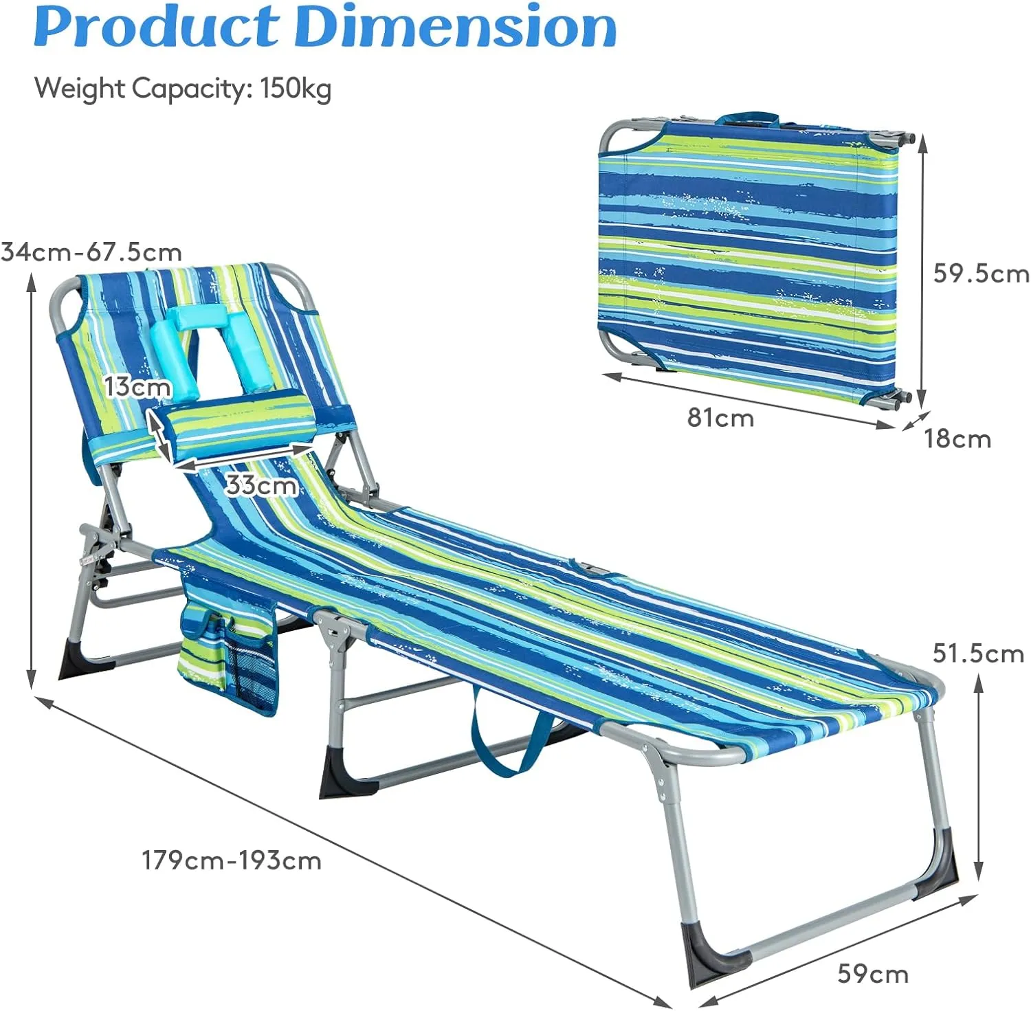 COSTWAY Folding Beach Lounge Chair, Tanning Chair with Face Hole, 5-Position Adjustable Backrest, Pillow & Side Pocket, Foldable Chaise Lounge Chair Outdoor for Sunbathing, Camping (1, Blue Green)