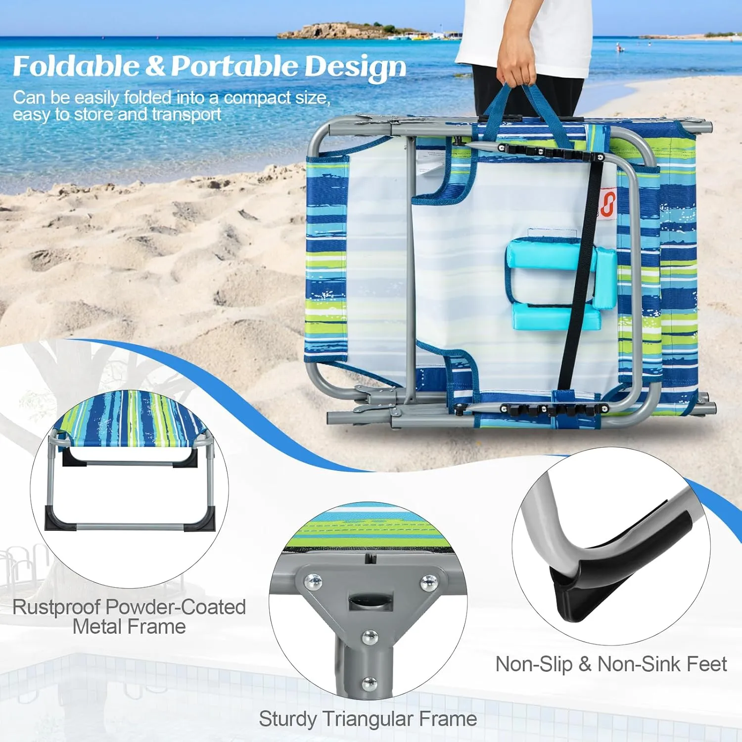 COSTWAY Folding Beach Lounge Chair, Tanning Chair with Face Hole, 5-Position Adjustable Backrest, Pillow & Side Pocket, Foldable Chaise Lounge Chair Outdoor for Sunbathing, Camping (1, Blue Green)