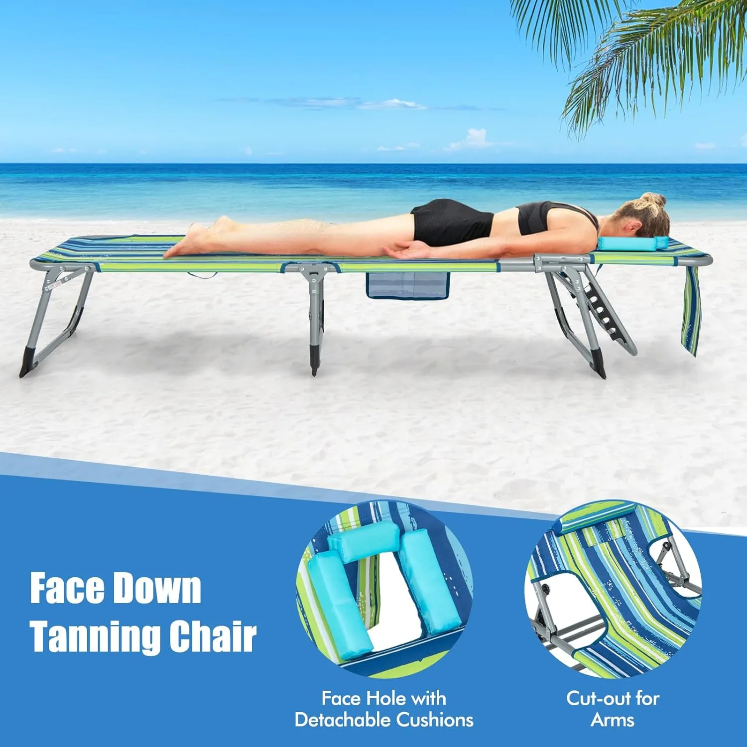 COSTWAY Folding Beach Lounge Chair, Tanning Chair with Face Hole, 5-Position Adjustable Backrest, Pillow & Side Pocket, Foldable Chaise Lounge Chair Outdoor for Sunbathing, Camping (1, Blue Green)