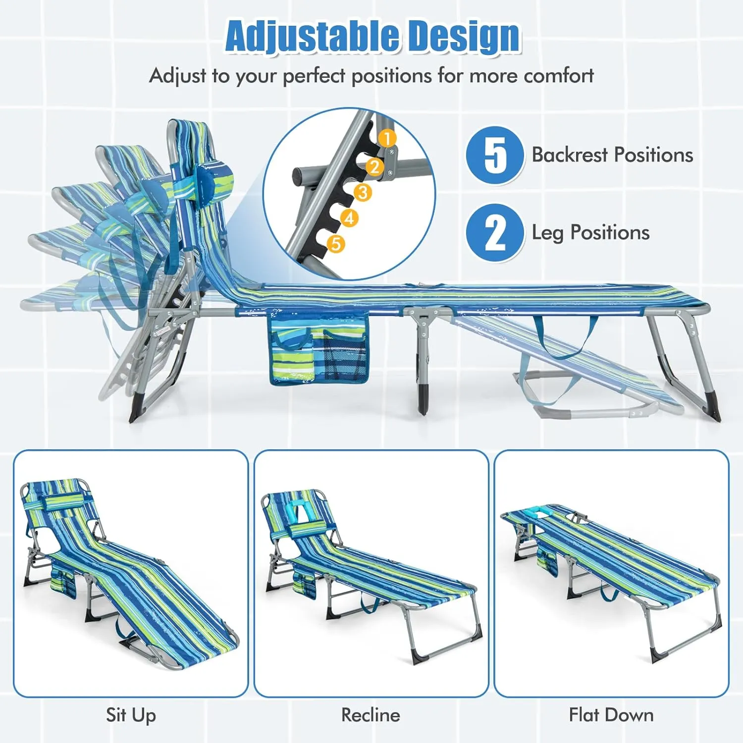 COSTWAY Folding Beach Lounge Chair, Tanning Chair with Face Hole, 5-Position Adjustable Backrest, Pillow & Side Pocket, Foldable Chaise Lounge Chair Outdoor for Sunbathing, Camping (1, Blue Green)
