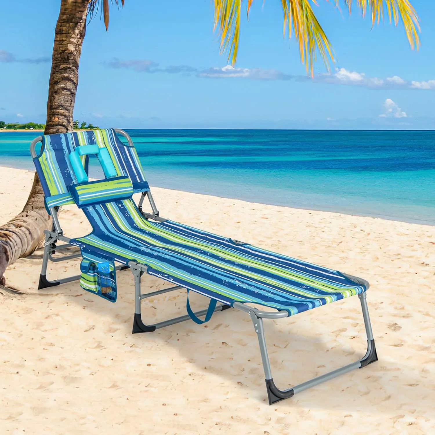 COSTWAY Folding Beach Lounge Chair, Tanning Chair with Face Hole, 5-Position Adjustable Backrest, Pillow & Side Pocket, Foldable Chaise Lounge Chair Outdoor for Sunbathing, Camping (1, Blue Green)