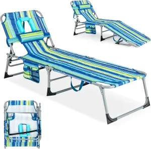 COSTWAY Folding Beach Lounge Chair, Tanning Chair with Face Hole, 5-Position Adjustable Backrest, Pillow & Side Pocket, Foldable Chaise Lounge Chair Outdoor for Sunbathing, Camping (1, Blue Green)
