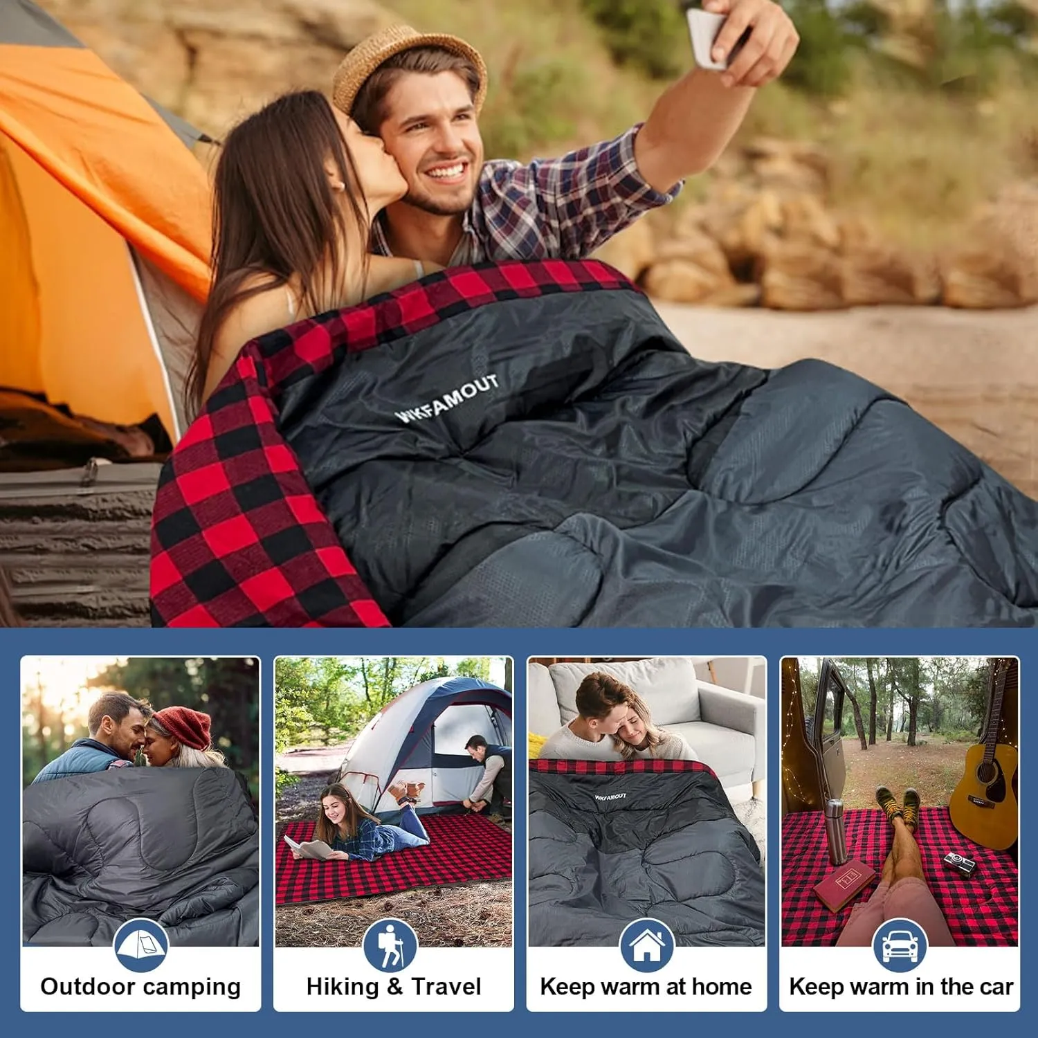 Cotton Flannel Double Sleeping Bag for Adults Machine Washable 2 Person Camping Sleeping Bag Queen Size Waterproof with Compression Sack for Cold Weather 3-4 Seasons