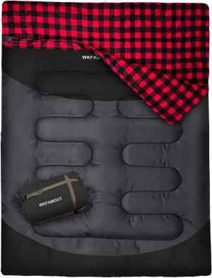Cotton Flannel Double Sleeping Bag for Adults Machine Washable 2 Person Camping Sleeping Bag Queen Size Waterproof with Compression Sack for Cold Weather 3-4 Seasons