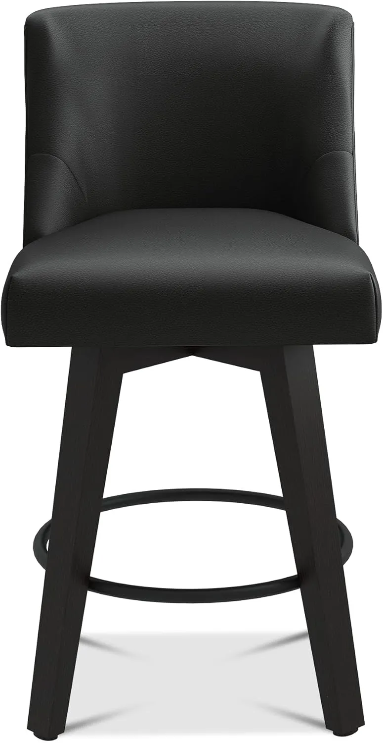 Counter Height Bar Stools, 26" H Seat Height Upholstered Swivel Bar Stools with Back and Solid Wood Legs, Set of 2, Faux Leather in Rustic Black