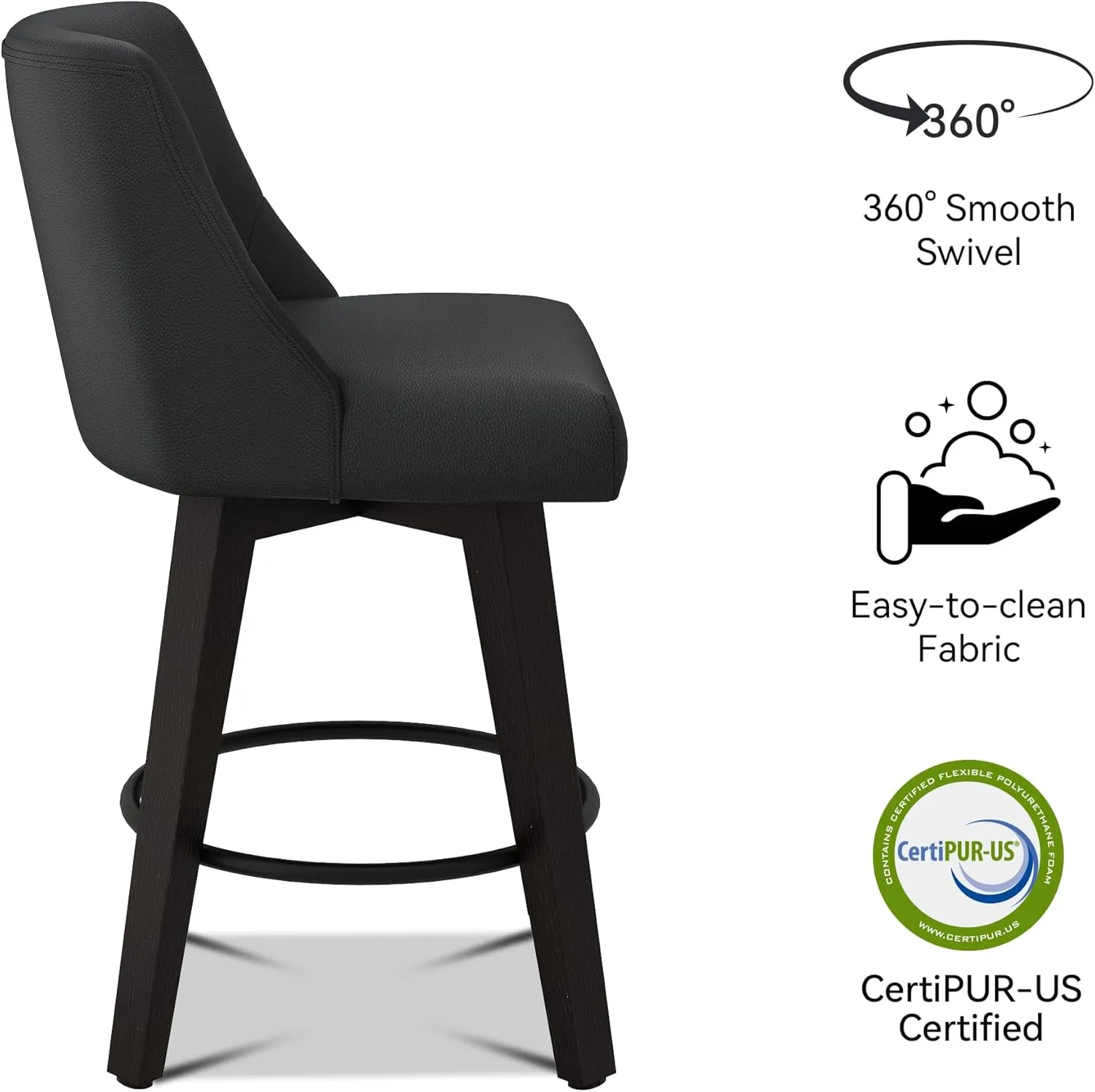 Counter Height Bar Stools, 26" H Seat Height Upholstered Swivel Bar Stools with Back and Solid Wood Legs, Set of 2, Faux Leather in Rustic Black