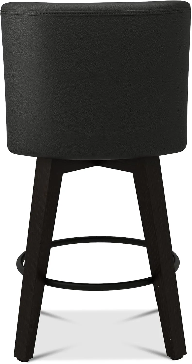 Counter Height Bar Stools, 26" H Seat Height Upholstered Swivel Bar Stools with Back and Solid Wood Legs, Set of 2, Faux Leather in Rustic Black