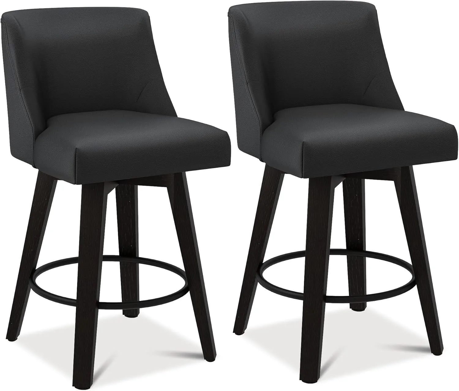 Counter Height Bar Stools, 26" H Seat Height Upholstered Swivel Bar Stools with Back and Solid Wood Legs, Set of 2, Faux Leather in Rustic Black