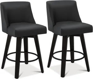 Counter Height Bar Stools, 26" H Seat Height Upholstered Swivel Bar Stools with Back and Solid Wood Legs, Set of 2, Faux Leather in Rustic Black