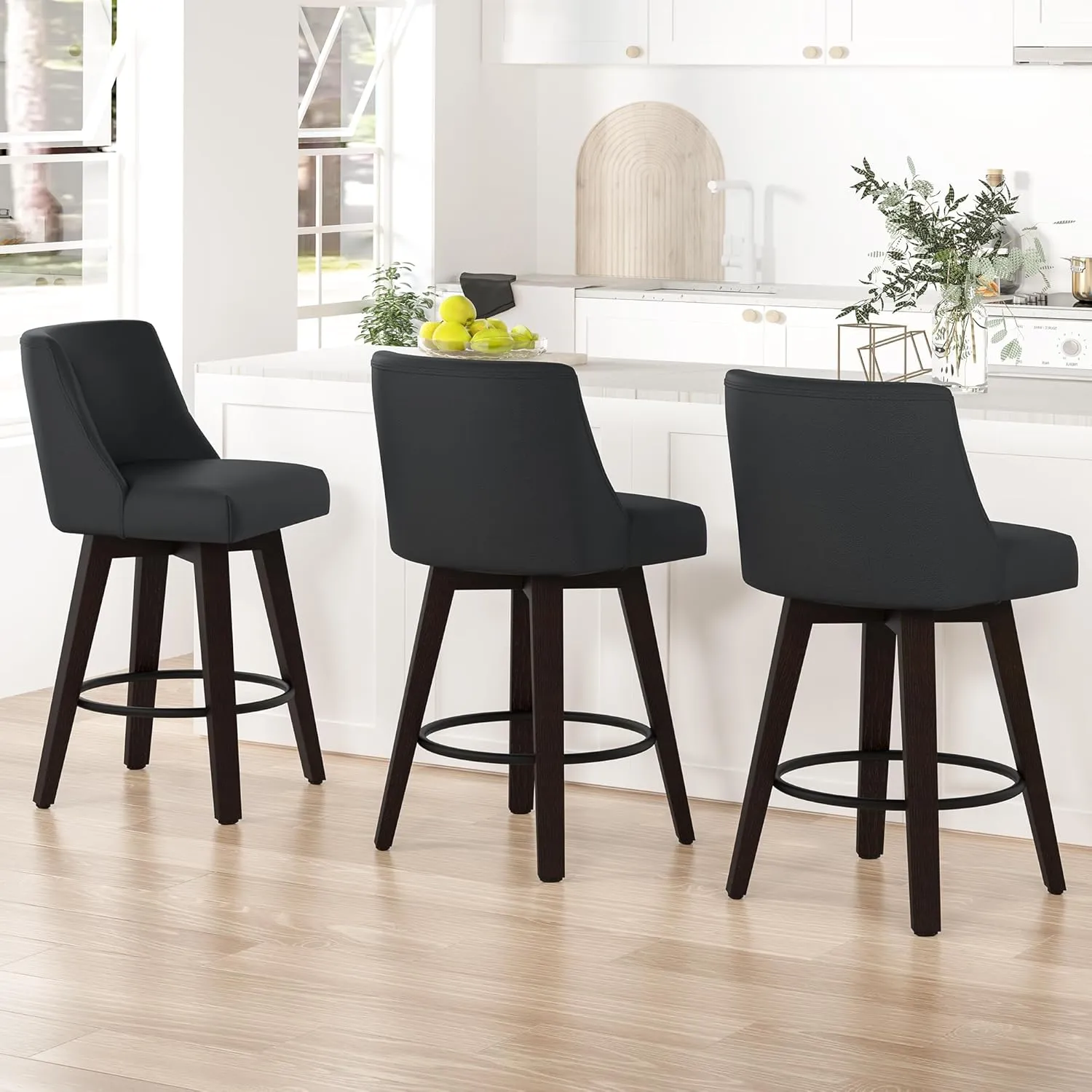 Counter Height Bar Stools, 26" H Seat Height Upholstered Swivel Bar Stools with Back and Solid Wood Legs, Set of 2, Faux Leather in Rustic Black