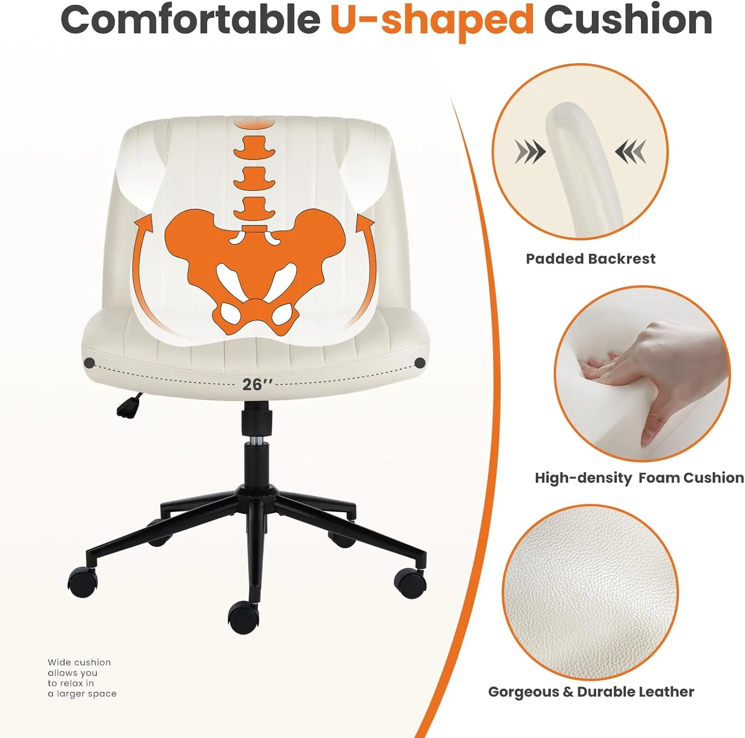Criss Cross Chair Armless Computer Task Chair, Wide Comfty Swivel Fabric Height Adjustable Vanity Chair w/Replaceable Wheels/Fixed Base/Padded, Beige Leather