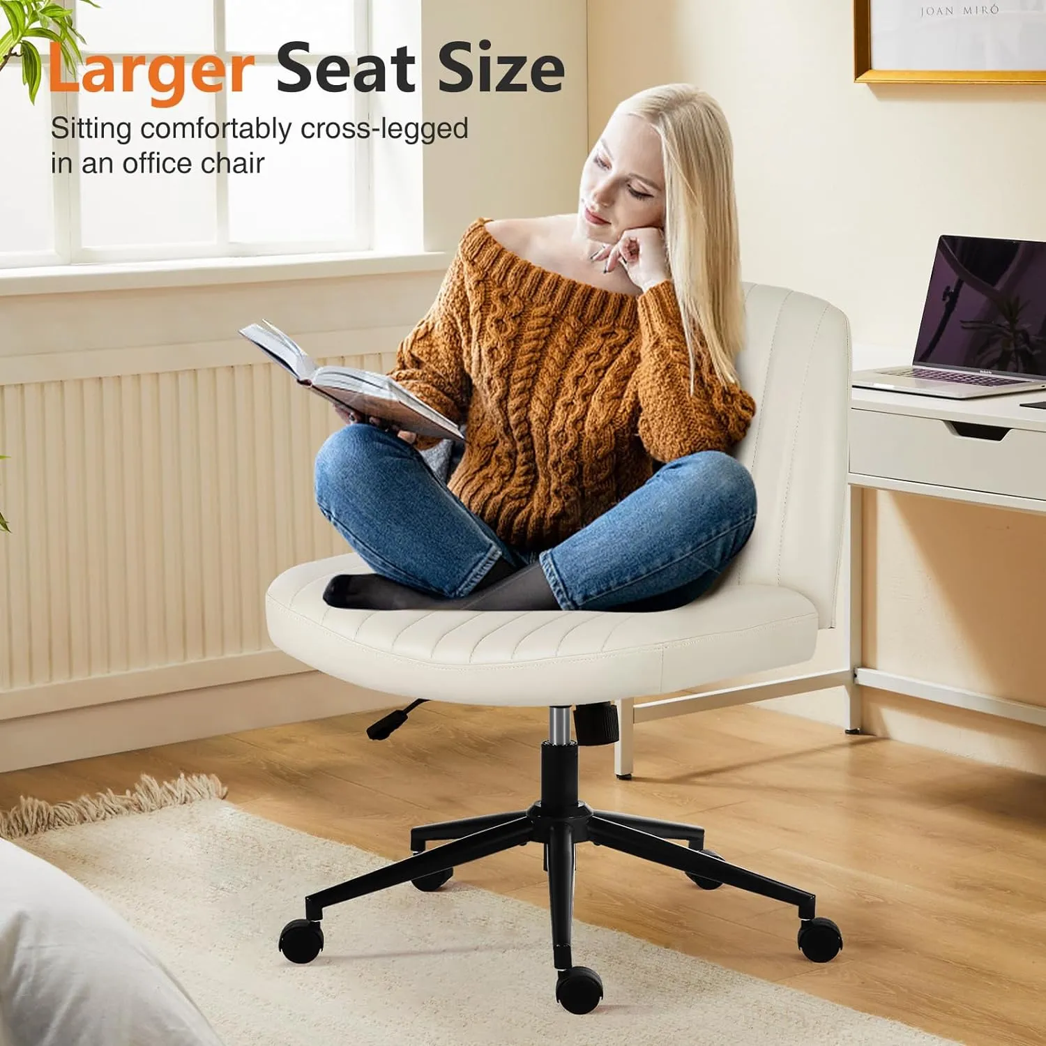 Criss Cross Chair Armless Computer Task Chair, Wide Comfty Swivel Fabric Height Adjustable Vanity Chair w/Replaceable Wheels/Fixed Base/Padded, Beige Leather