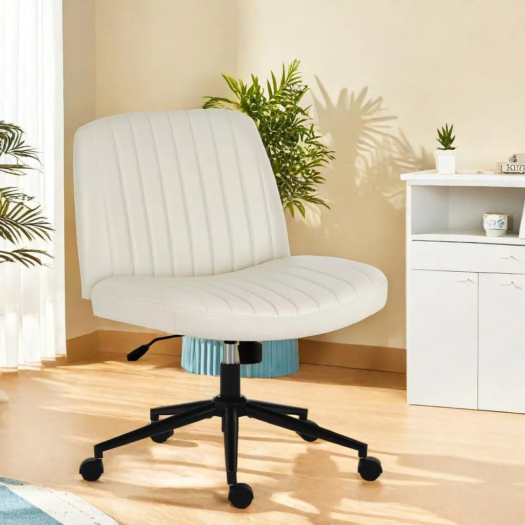 Criss Cross Chair Armless Computer Task Chair, Wide Comfty Swivel Fabric Height Adjustable Vanity Chair w/Replaceable Wheels/Fixed Base/Padded, Beige Leather