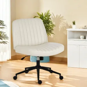 Criss Cross Chair Armless Computer Task Chair, Wide Comfty Swivel Fabric Height Adjustable Vanity Chair w/Replaceable Wheels/Fixed Base/Padded, Beige Leather
