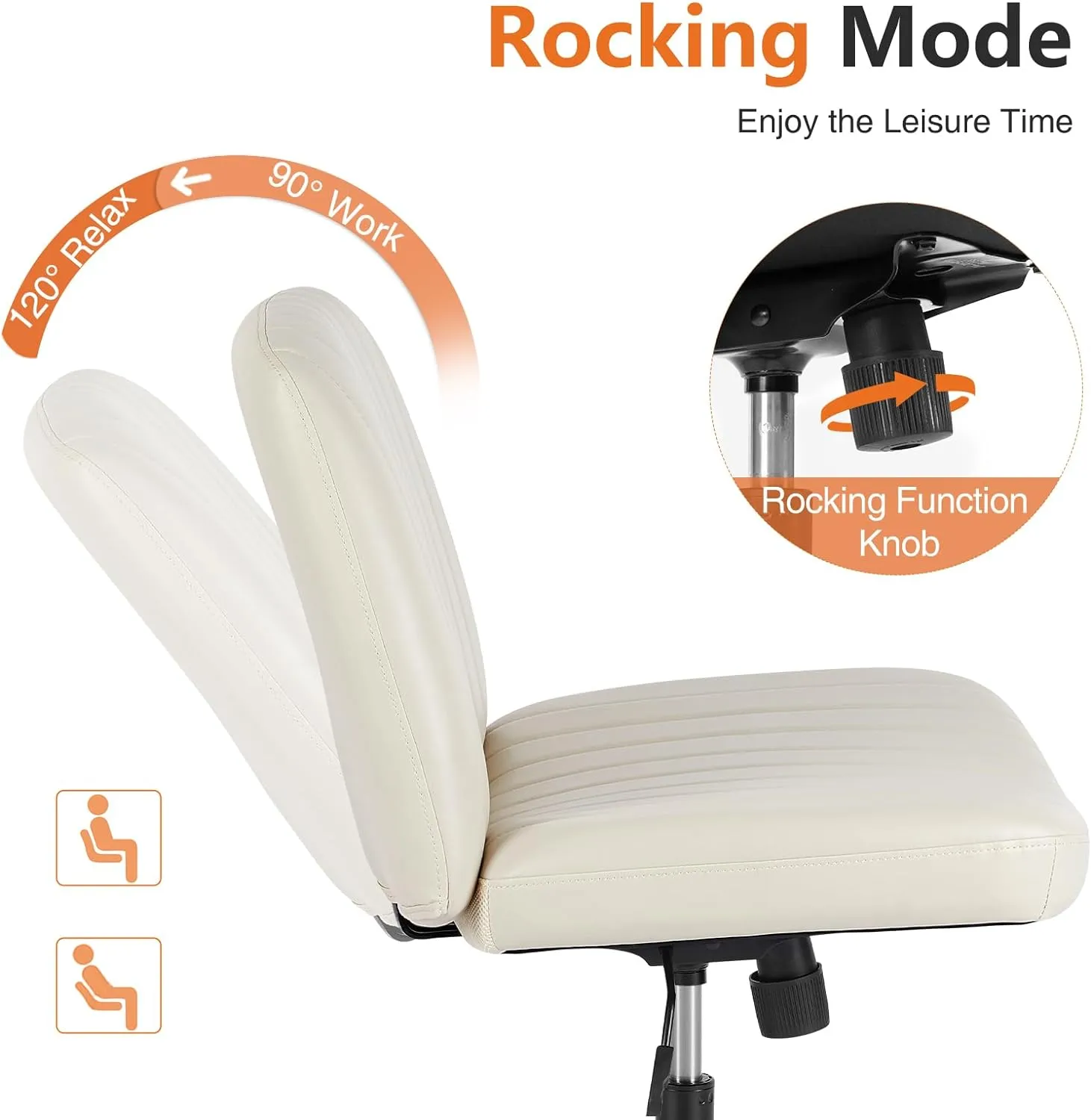Criss Cross Chair Armless Computer Task Chair, Wide Comfty Swivel Fabric Height Adjustable Vanity Chair w/Replaceable Wheels/Fixed Base/Padded, Beige Leather