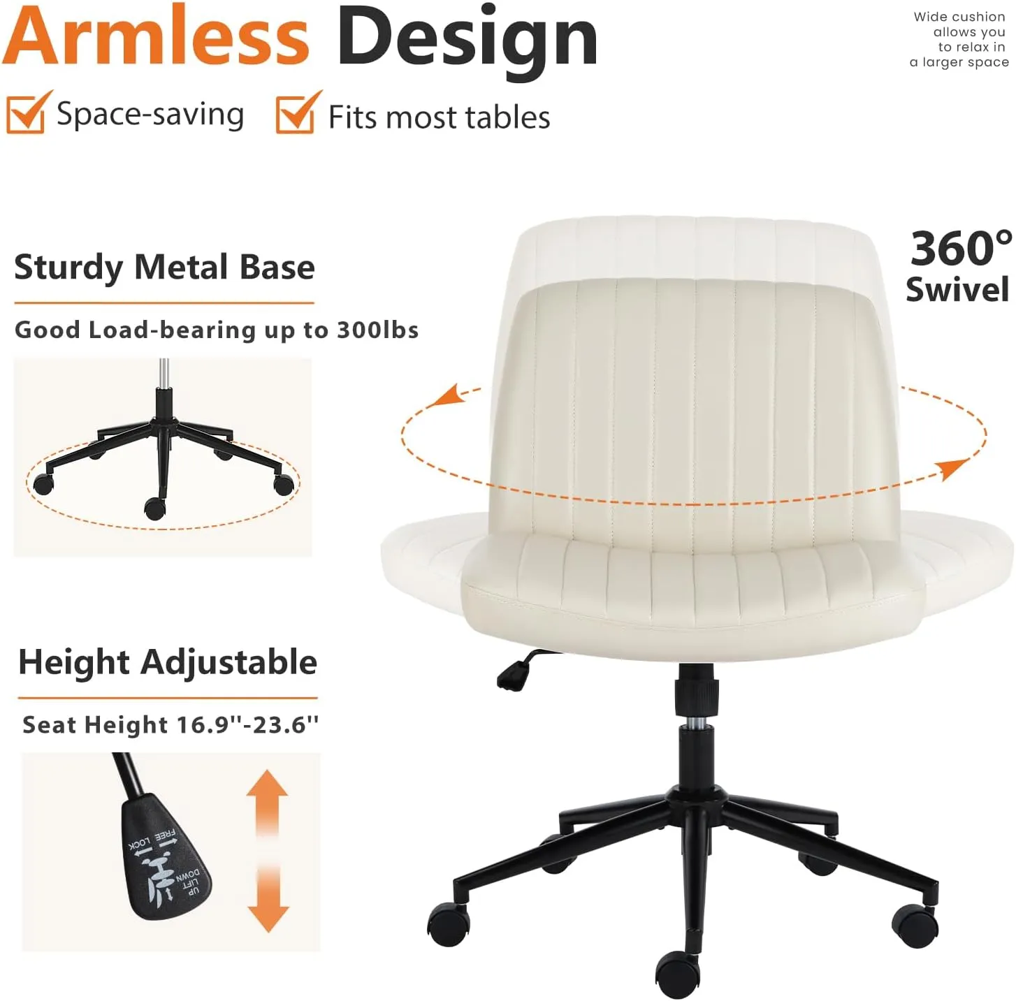Criss Cross Chair Armless Computer Task Chair, Wide Comfty Swivel Fabric Height Adjustable Vanity Chair w/Replaceable Wheels/Fixed Base/Padded, Beige Leather