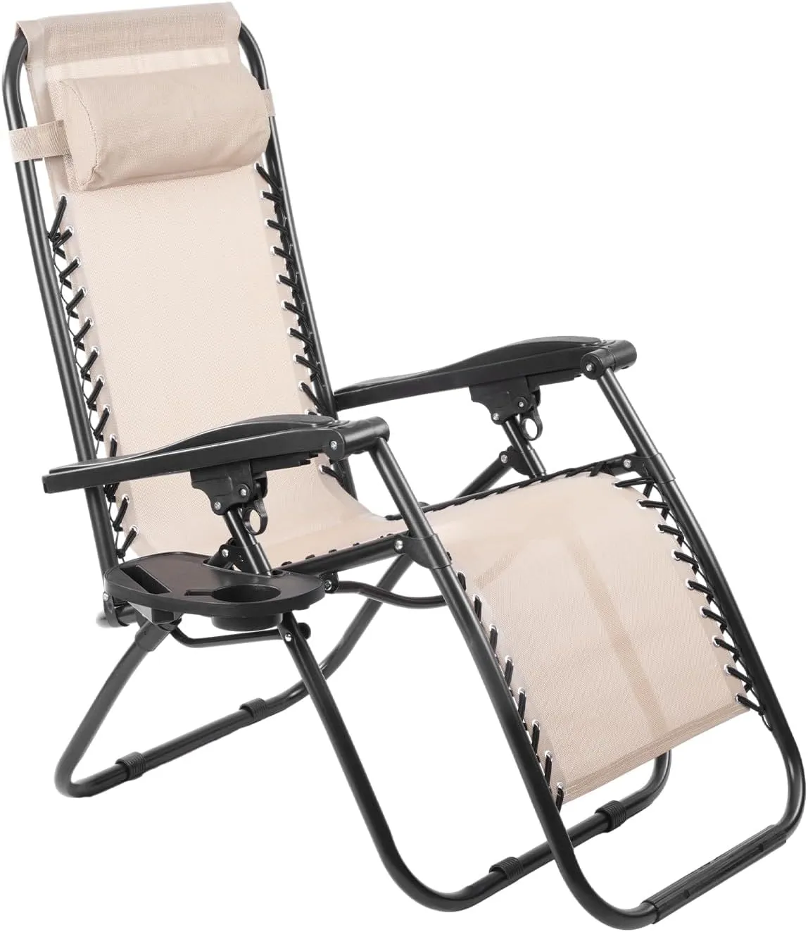 CYCLONE SOUND Adjustable Zero Gravity Folding Reclining Lounge Chair with Pillow，Anti-Gravity Chair for Indoor & Outdoor, Folding Reclining Chair w/Side Tray (Beige 1PACK)