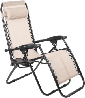 CYCLONE SOUND Adjustable Zero Gravity Folding Reclining Lounge Chair with Pillow，Anti-Gravity Chair for Indoor & Outdoor, Folding Reclining Chair w/Side Tray (Beige 1PACK)