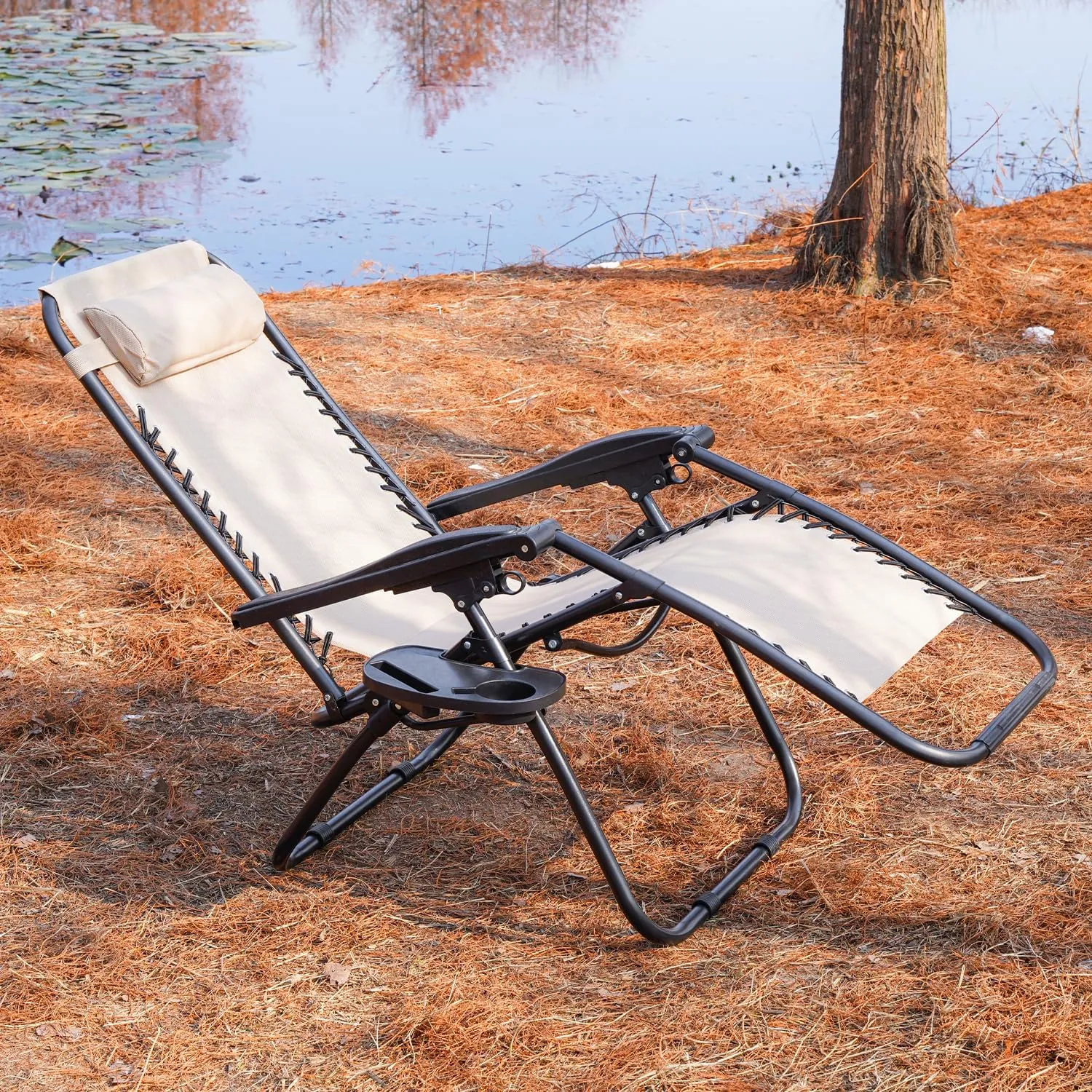 CYCLONE SOUND Adjustable Zero Gravity Folding Reclining Lounge Chair with Pillow，Anti-Gravity Chair for Indoor & Outdoor, Folding Reclining Chair w/Side Tray (Beige 1PACK)
