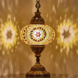 DEMMEX Battery-Operated Turkish Moroccan Mosaic Table Lamp – 12”H, 5”W, Portable Stained Glass Lantern for Indoor & Outdoor Use, Cordless Handmade Decorative Light for Bedroom, Patio & Camping, Amber