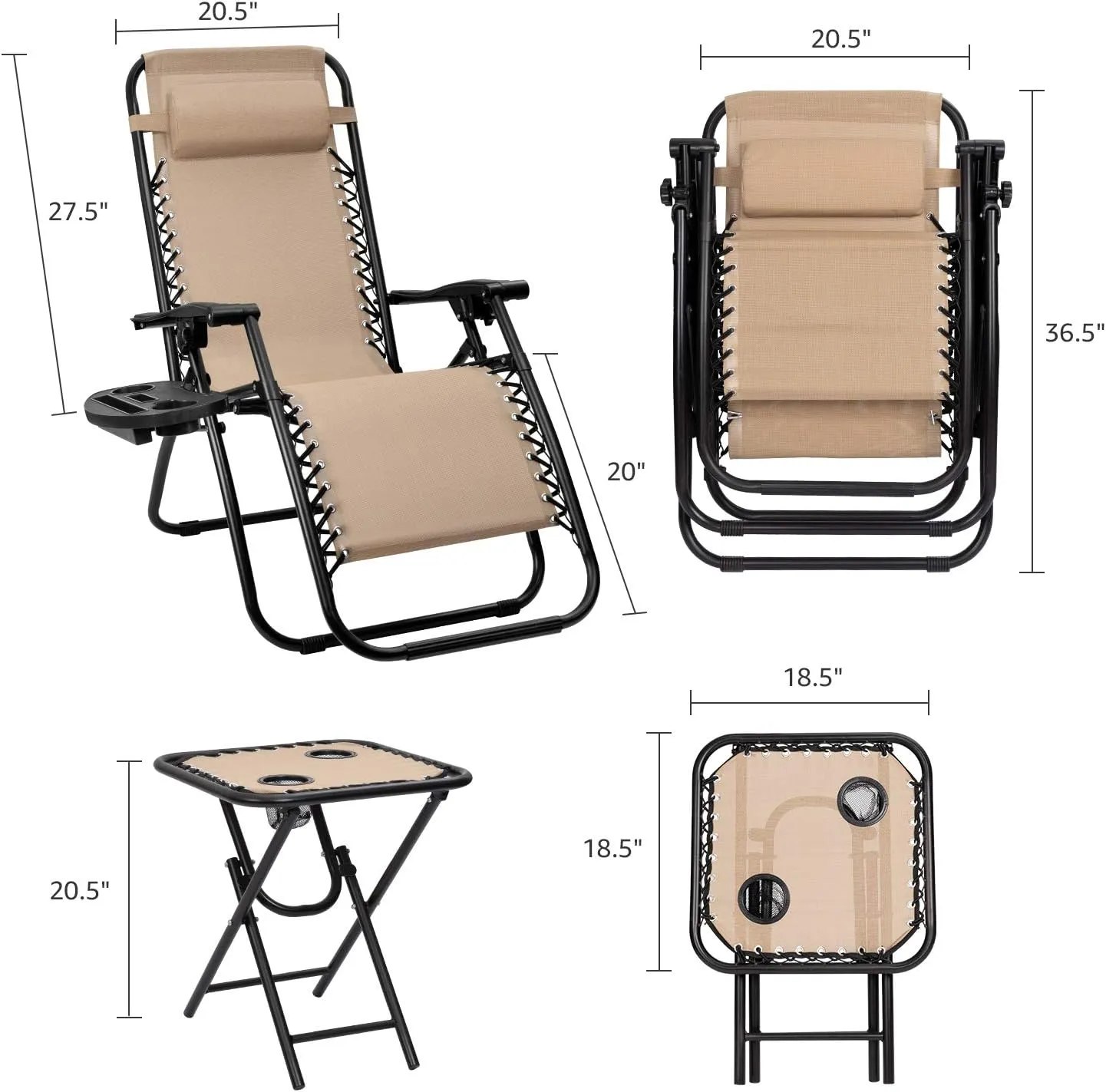 Devoko Patio Zero Gravity Chair Outdoor Folding Recliner Chairs with Table Pool Side Using Lawn Chair Sets with Pillow (Light Beige)