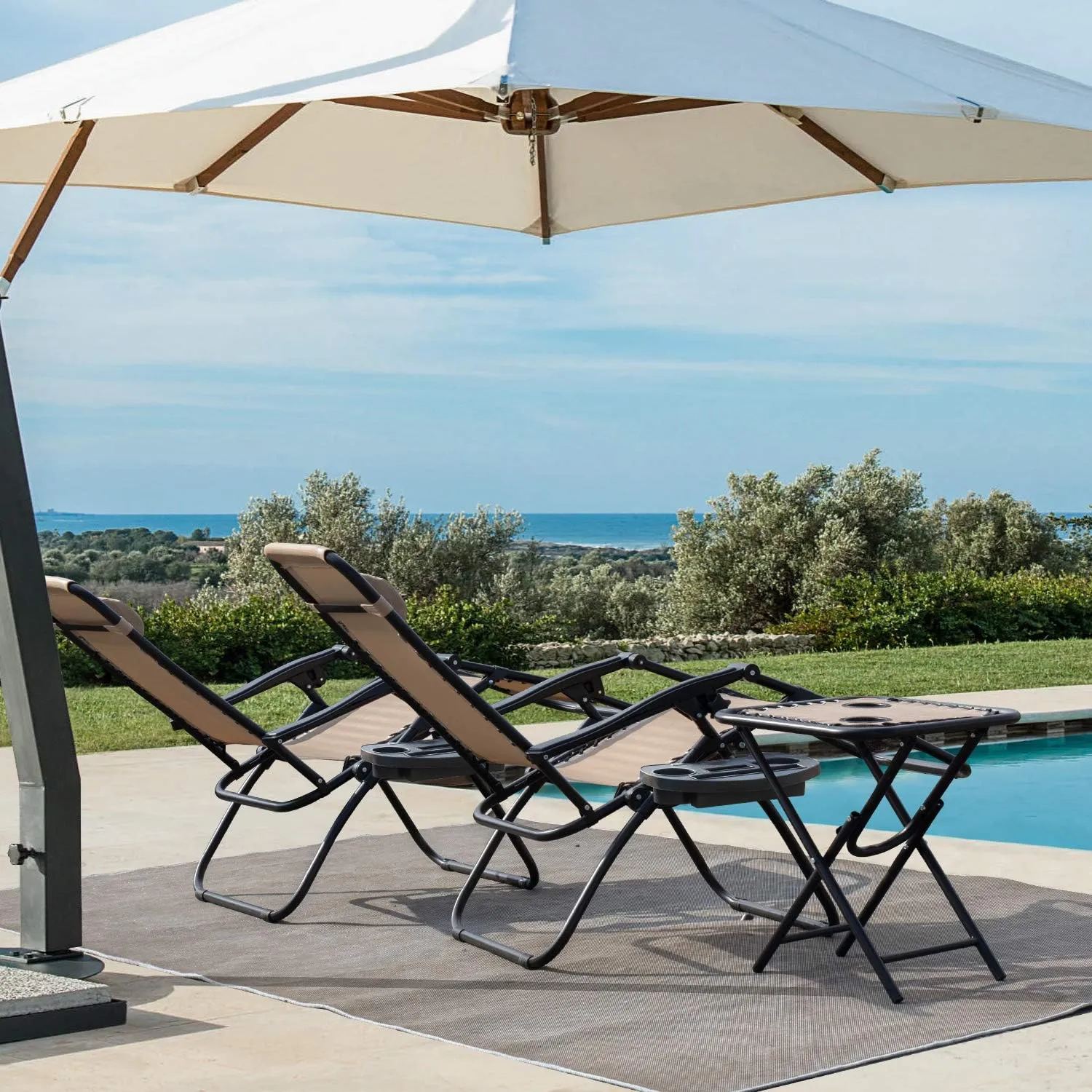 Devoko Patio Zero Gravity Chair Outdoor Folding Recliner Chairs with Table Pool Side Using Lawn Chair Sets with Pillow (Light Beige)