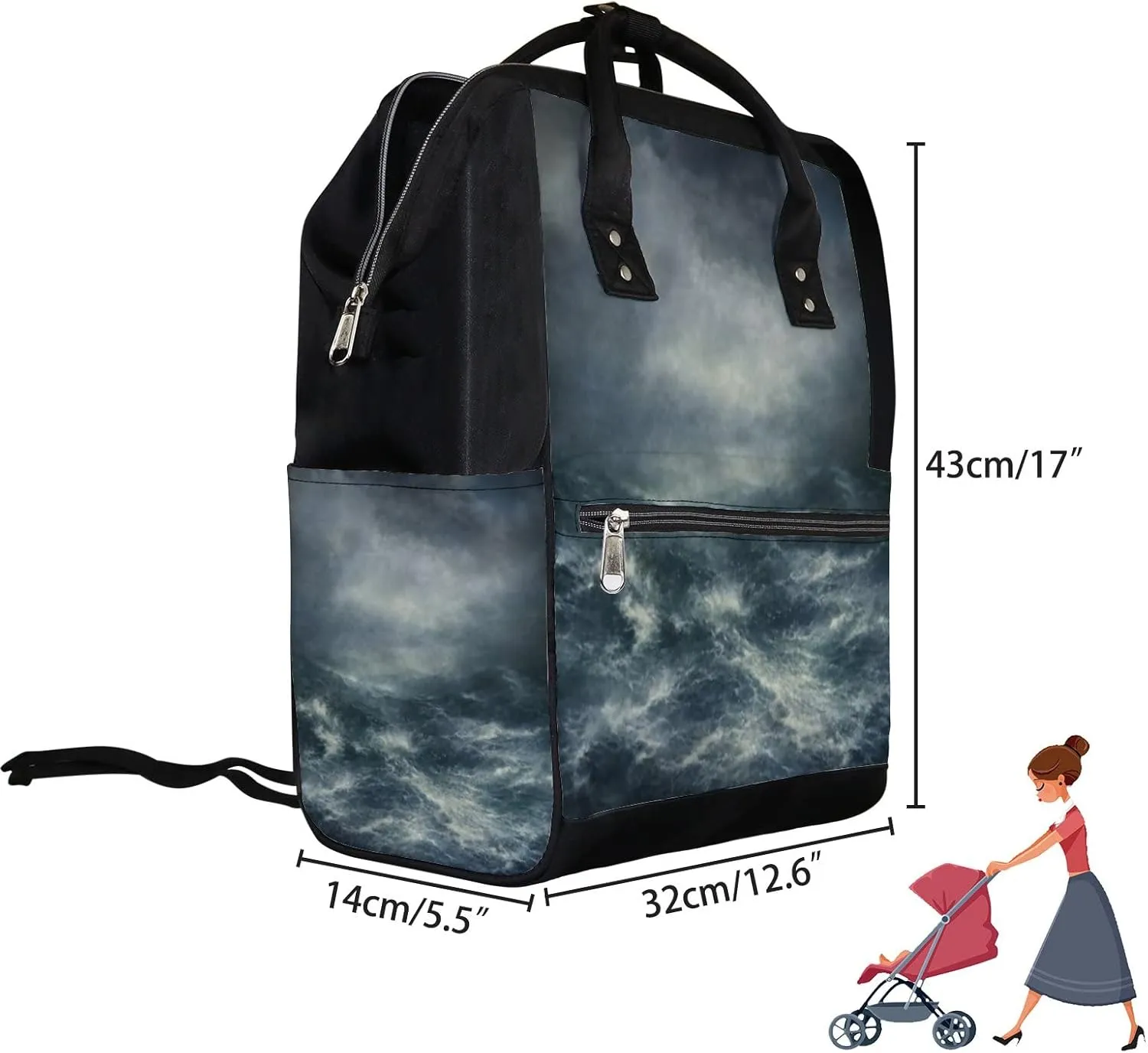 Diaper Bag Mummy Backpack Stormy Waves Dramatic Cloudy Sky Multifunction Baby Nappy Bag Large Capacity Nursing Bags Waterproof Travel Backpack