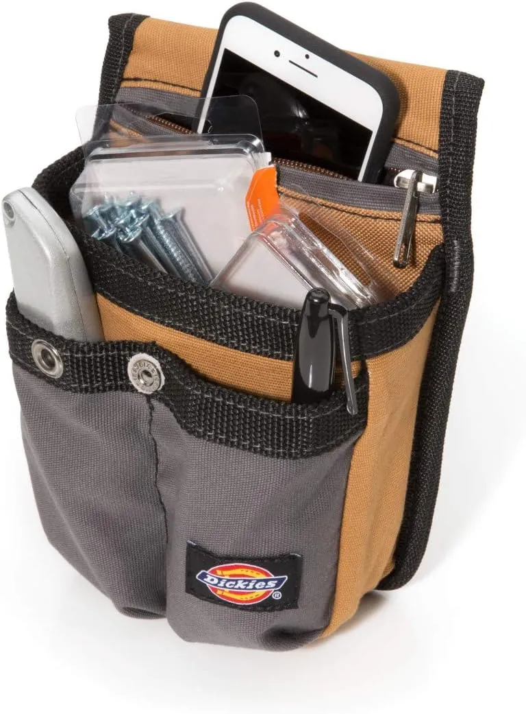Dickies Zipper Pocket Canvas Pouch for Tool and Work Belts, Four Pockets, Cushioned Pocket, Grey/Tan