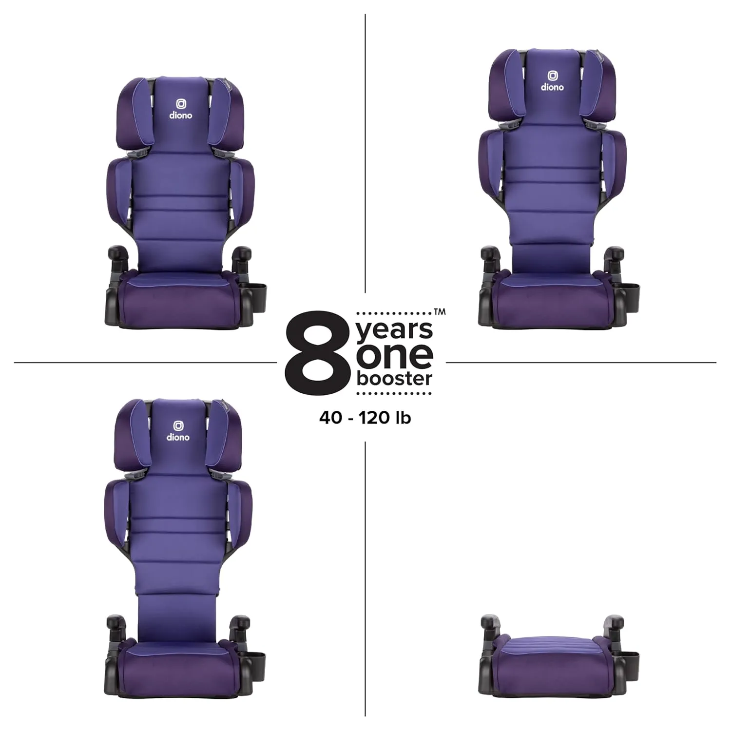 Diono Connect3 R 2-in-1 High Back Booster, Slim Fit 3-Across in Many Mid-Sized Sedans and SUVs, for Children from 40-120 lbs., Lightweight with Cupholder, Purple Wildberry