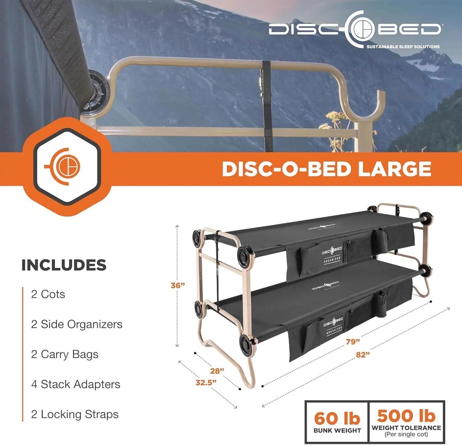 Disc-O-Bed Large Outdoor Convertible 2 Person Bench and Double Camping Cot Portable Bed Bunk System for Adults