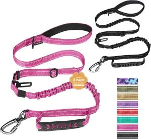 Dog Leash for Medium Large Dogs Heavy Duty 2 Pack, 4-6FT Reflective Tactical Dog Leash Shock Absorbing No Pull Bungee Lead with 2 Padded Handle Car Seatbelt Metal Carabiner Clip,Pink Black