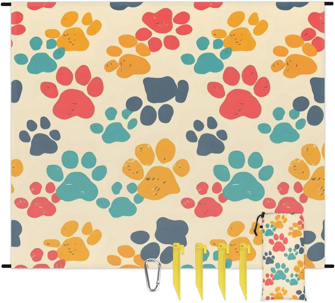Dog Paw Print Pet Beach Blanket for Adults, 59" x 68" Waterproof Outdoor Picnic Blanket Mat Sand Proof Extra Large Lovely Puppy Cat Footprint Picnic Mat for Beach Travel Camping