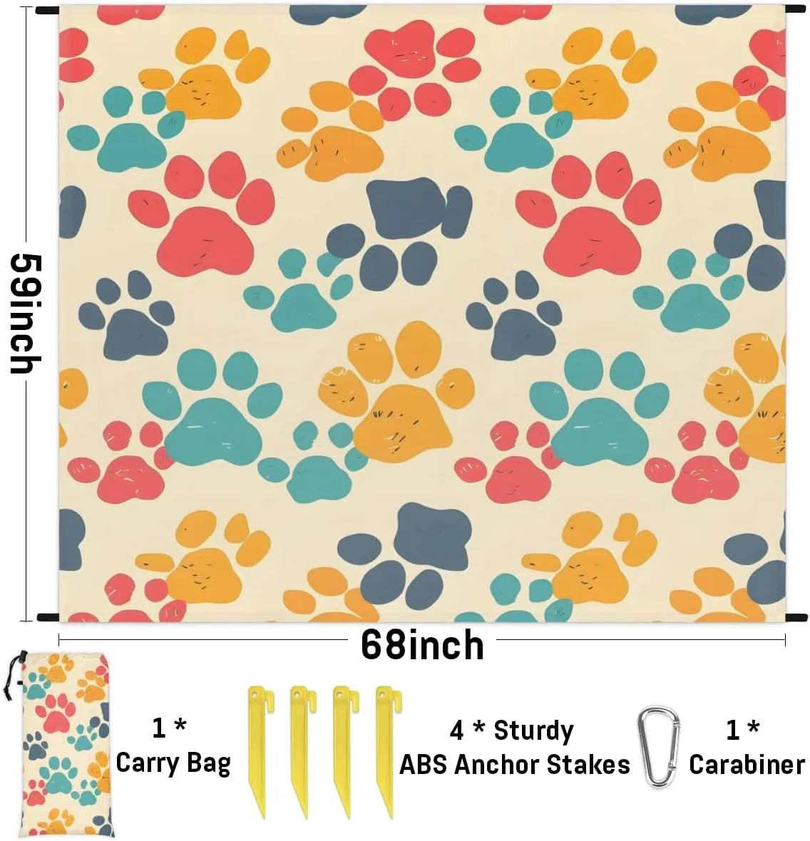 Dog Paw Print Pet Beach Blanket for Adults, 59" x 68" Waterproof Outdoor Picnic Blanket Mat Sand Proof Extra Large Lovely Puppy Cat Footprint Picnic Mat for Beach Travel Camping
