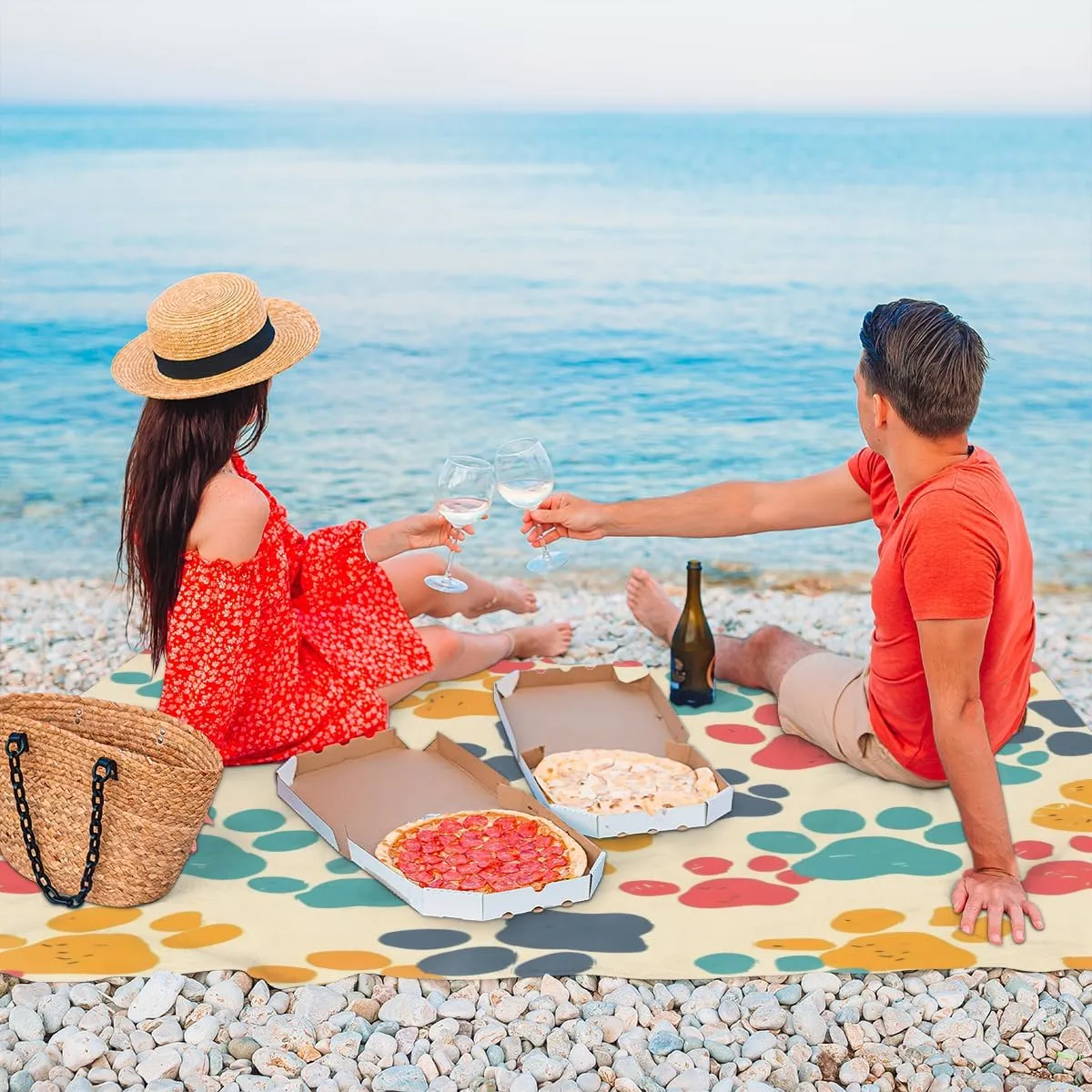 Dog Paw Print Pet Beach Blanket for Adults, 59" x 68" Waterproof Outdoor Picnic Blanket Mat Sand Proof Extra Large Lovely Puppy Cat Footprint Picnic Mat for Beach Travel Camping