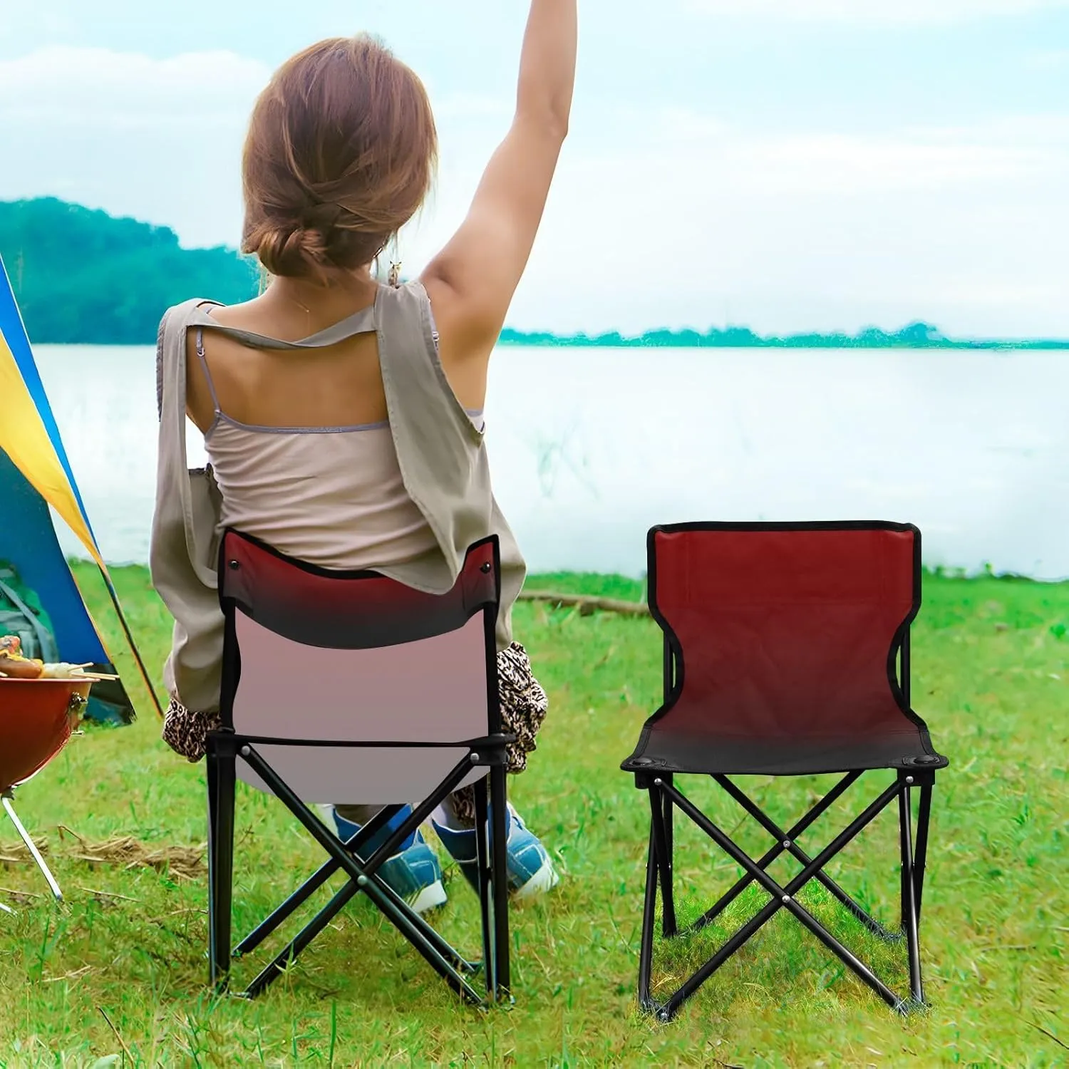 DOMIKING Black Red Gradient Kids' Portable Camping Chairs for Outdoor Lawn Chairs with Carry Bag Folding Chair for Picnic Beach Camping