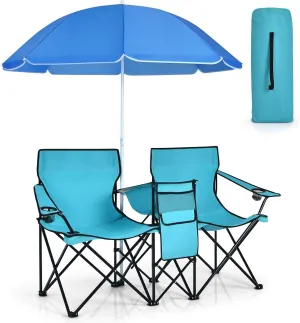 Double Camping Chair with Canopy, Folding Camp Chairs w/Cup Holder, Cooler & Carry Bag, Table, Side Pocket, 2 Person Portable Beach Chair with Umbrella, for Picnic Fishing (Turquoise)