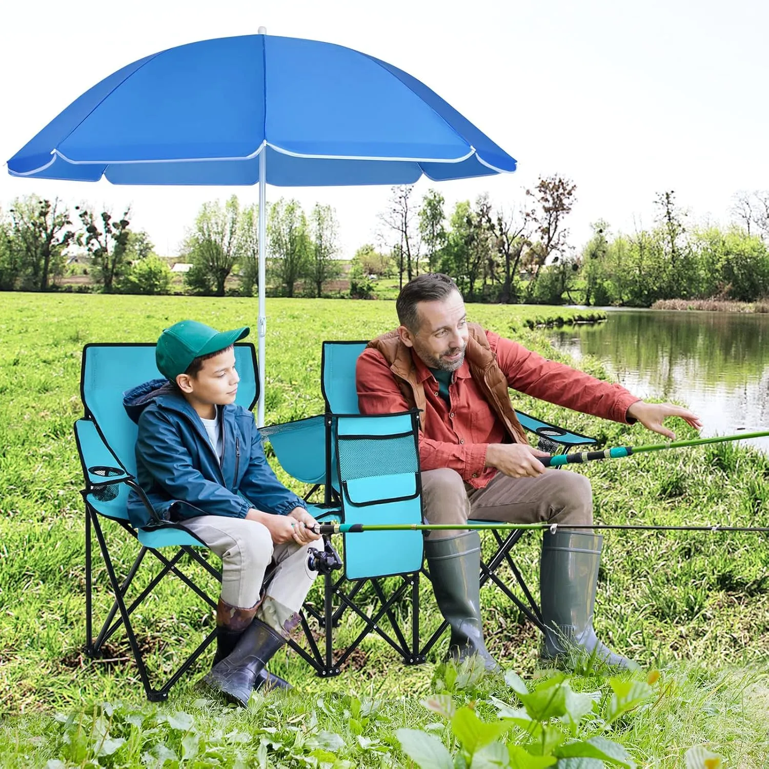 Double Camping Chair with Canopy, Folding Camp Chairs w/Cup Holder, Cooler & Carry Bag, Table, Side Pocket, 2 Person Portable Beach Chair with Umbrella, for Picnic Fishing (Turquoise)