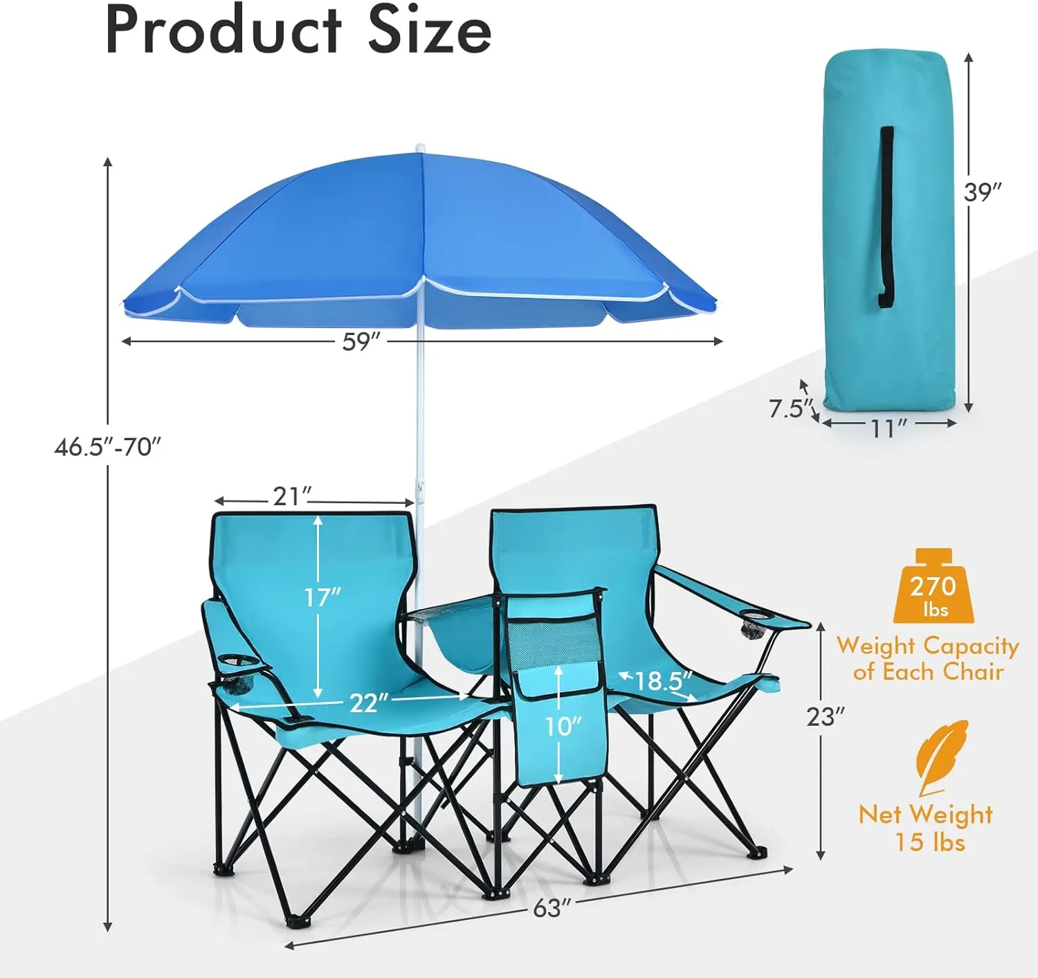 Double Camping Chair with Canopy, Folding Camp Chairs w/Cup Holder, Cooler & Carry Bag, Table, Side Pocket, 2 Person Portable Beach Chair with Umbrella, for Picnic Fishing (Turquoise)