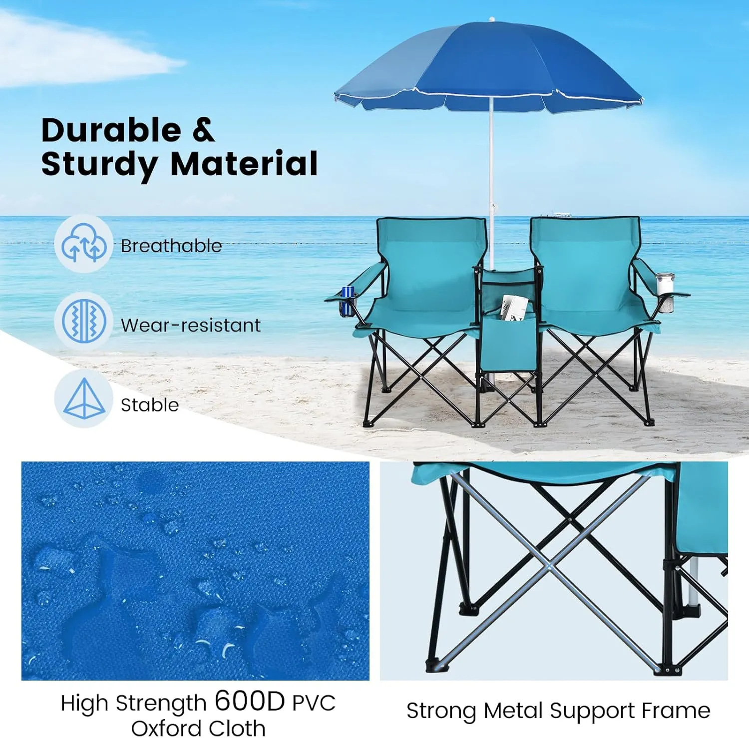Double Camping Chair with Canopy, Folding Camp Chairs w/Cup Holder, Cooler & Carry Bag, Table, Side Pocket, 2 Person Portable Beach Chair with Umbrella, for Picnic Fishing (Turquoise)